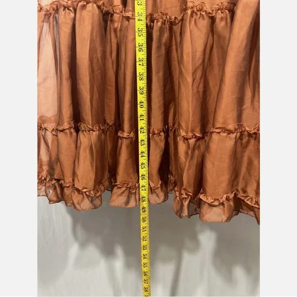 NWT Mac Duggal [ 12 ] Sheer Flutter Sleeve Tea Length Ruffle Dress‎ Rust Orange - Picture 8 of 15